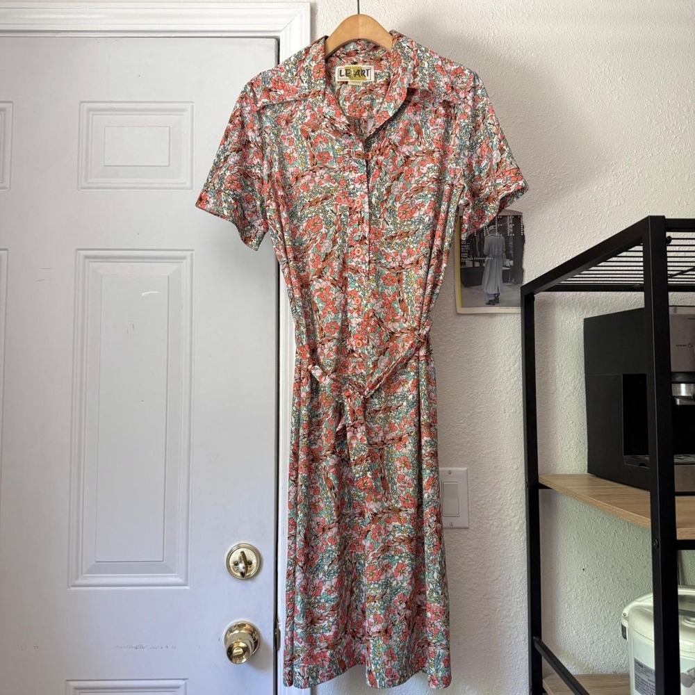 LE ART multicolor floral vintage short sleeve button up belted tie waist midi